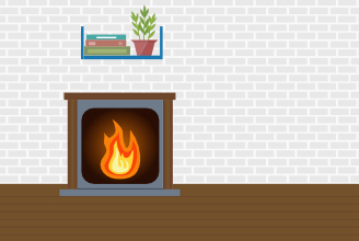 An illustration of an open fire in a living room